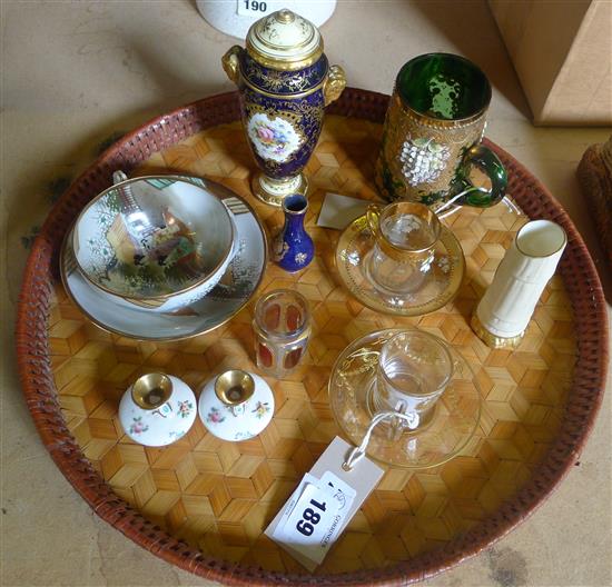 Bohemian glass mug, 2 coffee cups, saucers and beakers